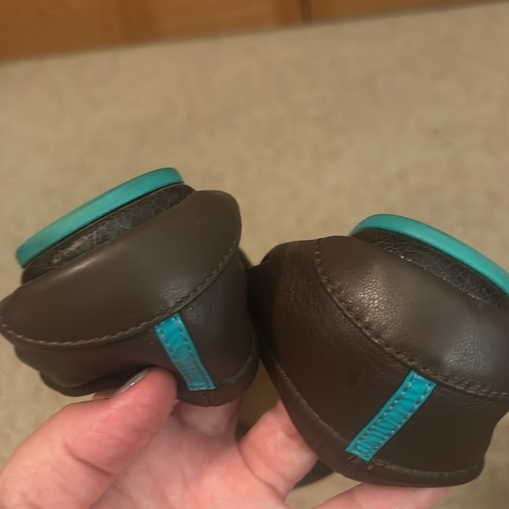 Tieks Brown Leather Flats with Teal Soles - Picture 2 of 3